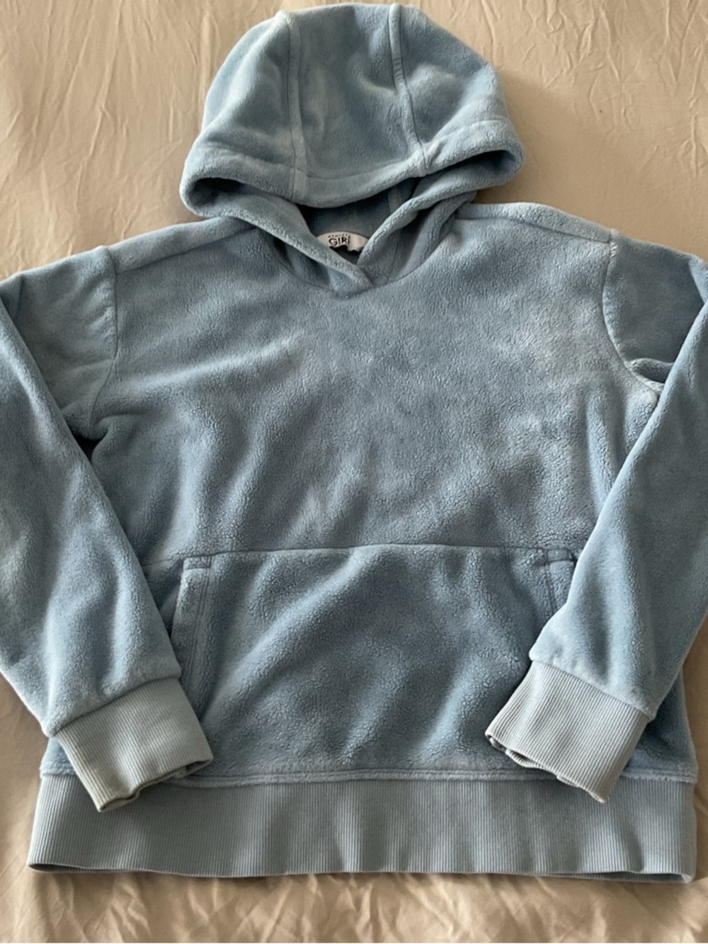 Athleta girl so snug Sherpa fleece hoodie pullover m 8-10 thumb holes light blue